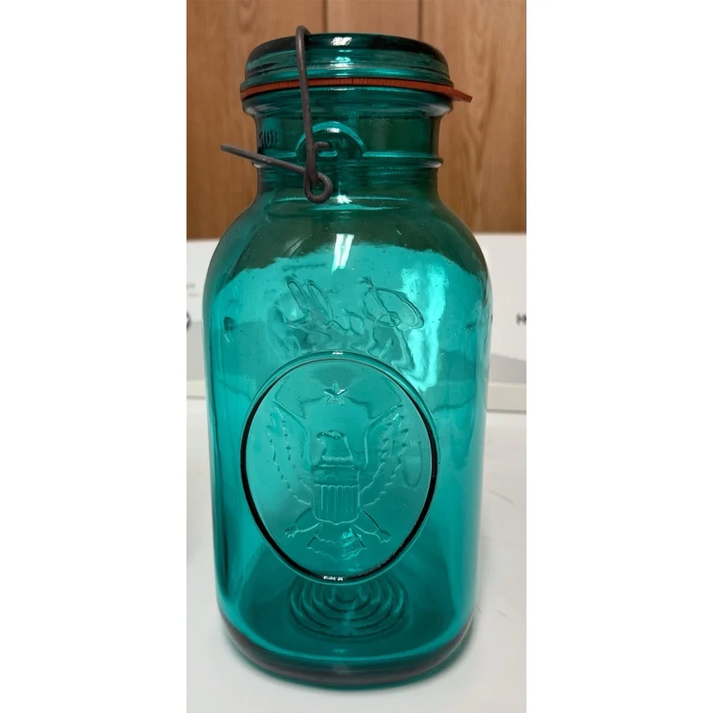 VTG 1976 American Eagle Ball Green Half Gallon Canning Jar Glass Rubber Wire Lid - Picture 3 of 4